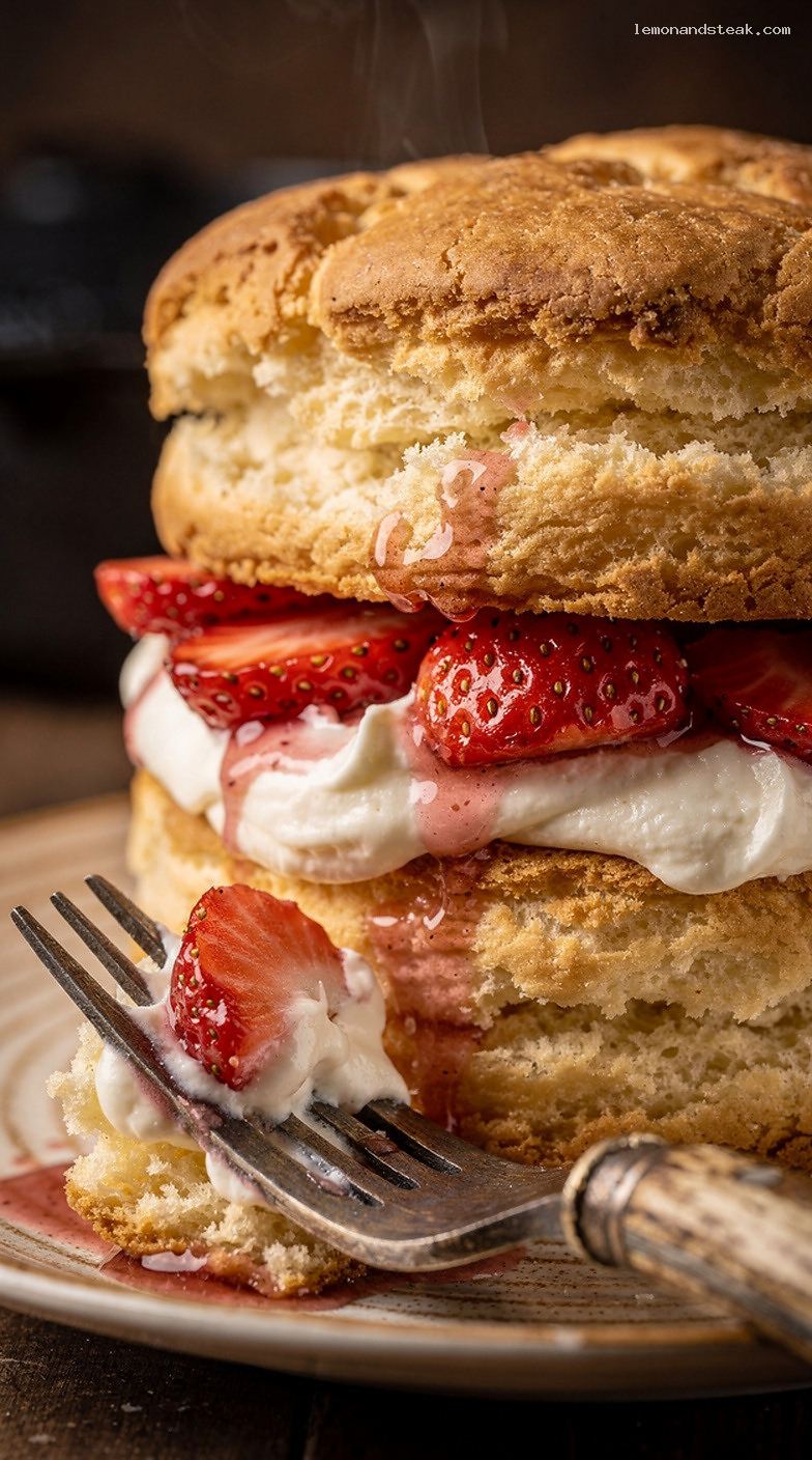 Strawberry Shortcake With Flaky Biscuits and Vanilla Pudding Cream – Closeup
