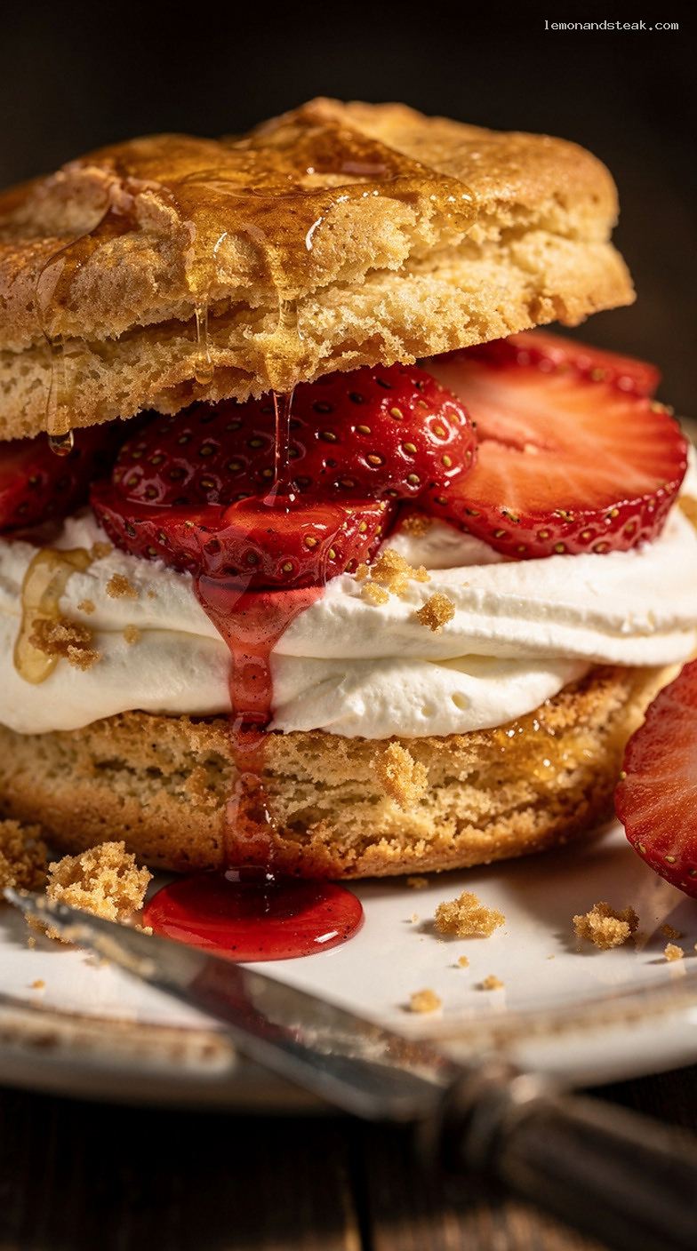 Strawberry Shortcake with Honey Biscuits and Whipped Cream – Closeup