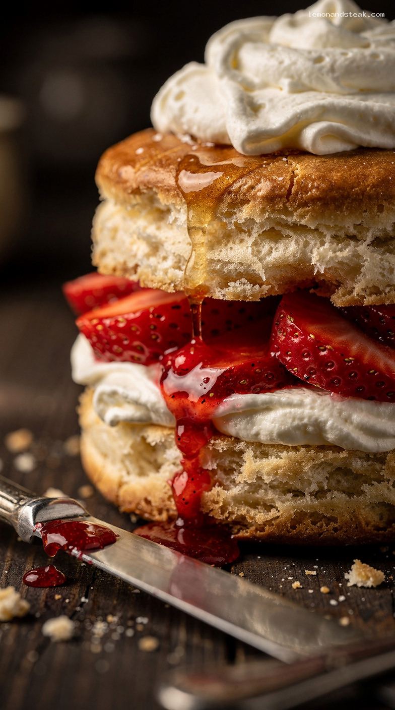 Strawberry Shortcake With Honeyed Cream Biscuits and Whipped Cream – Closeup