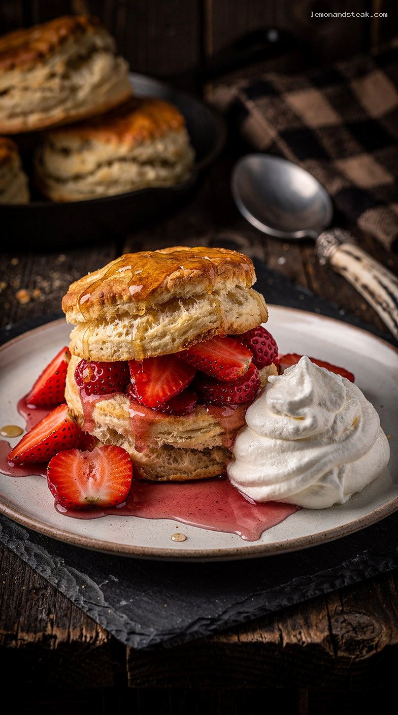 Strawberry Shortcake With Honeyed Cream Biscuits and Whipped Cream