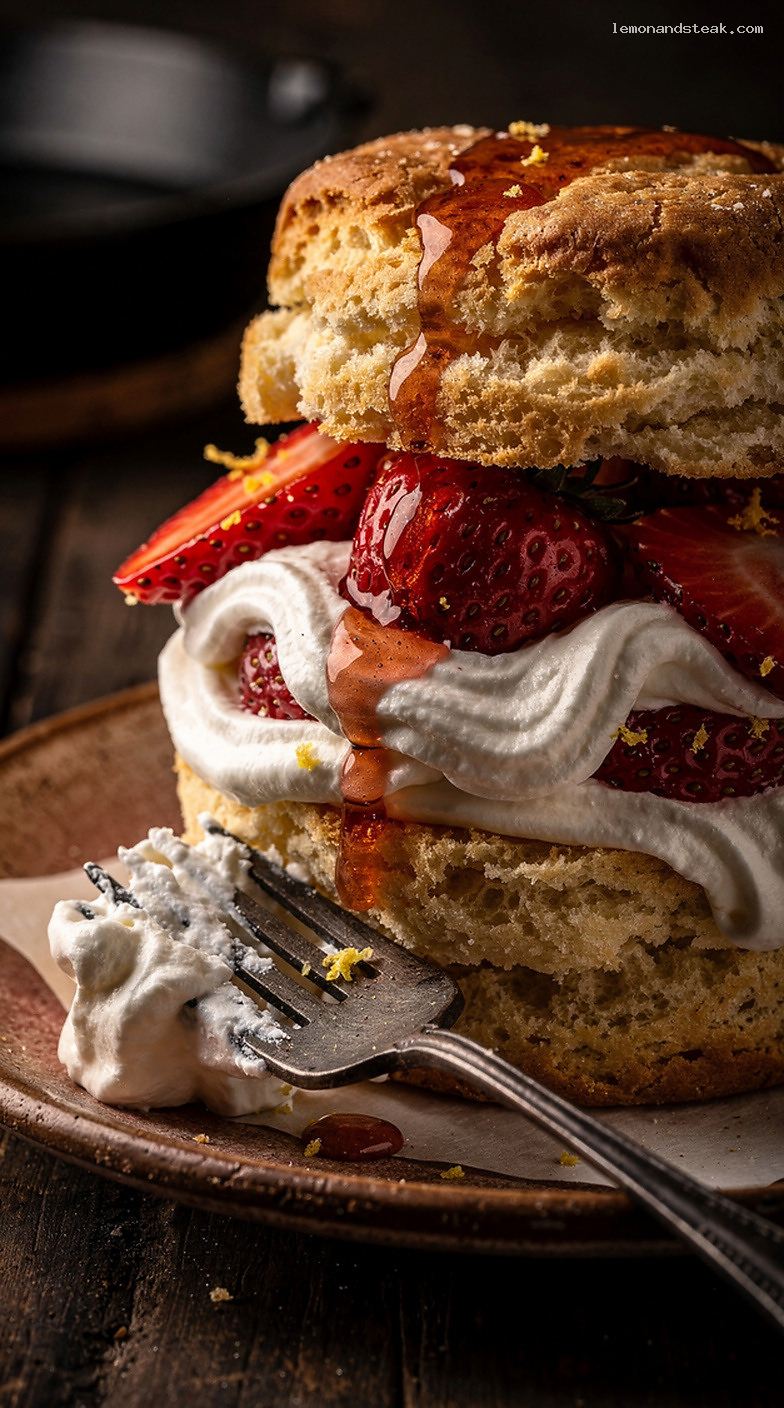 Strawberry Shortcake With Lemon Sugar Berries And Whipped Cream – Closeup