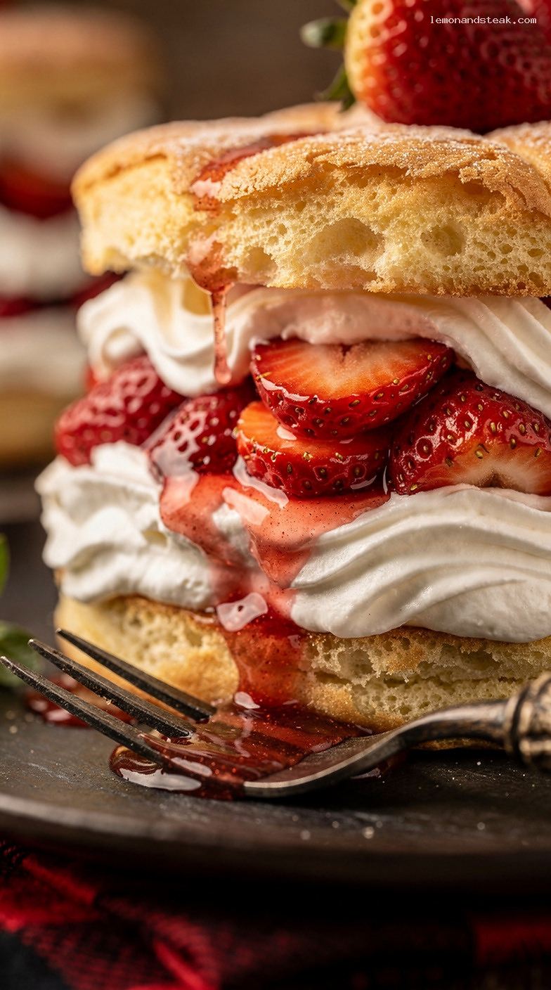 Strawberry Shortcake with Light Drop Biscuits and Fresh Cream – Closeup