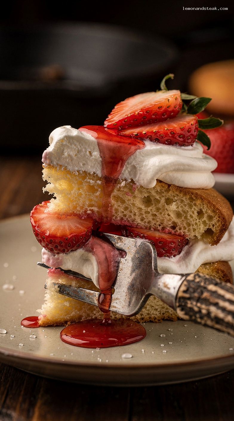 Strawberry Shortcake With Old-Fashioned Hot Milk Cake Layers – Closeup