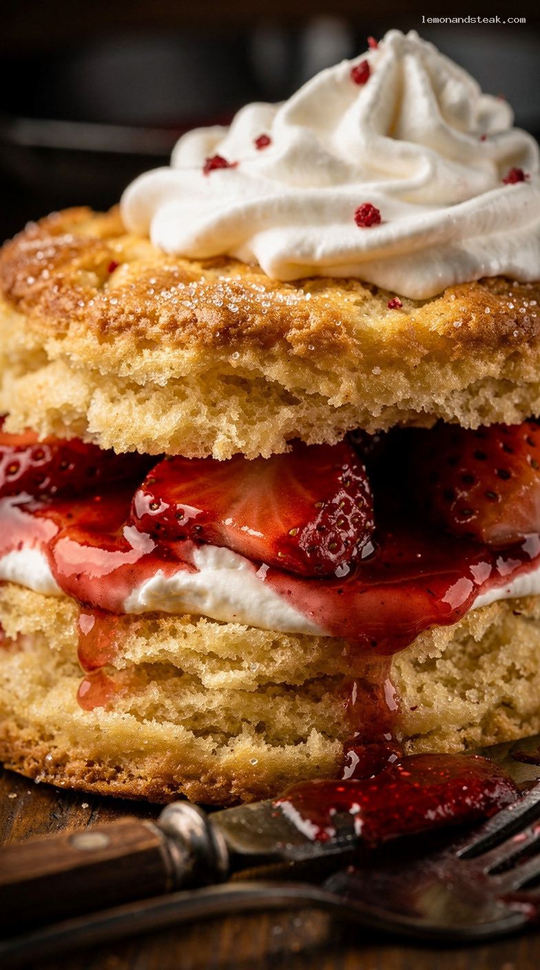 Strawberry Shortcake with Rustic Cornmeal Biscuits and Whipped Cream – Closeup