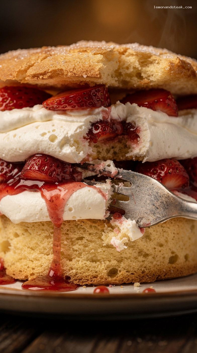 Strawberry Shortcake With Soft Shortbread-Style Cakes and Whipped Cream – Closeup