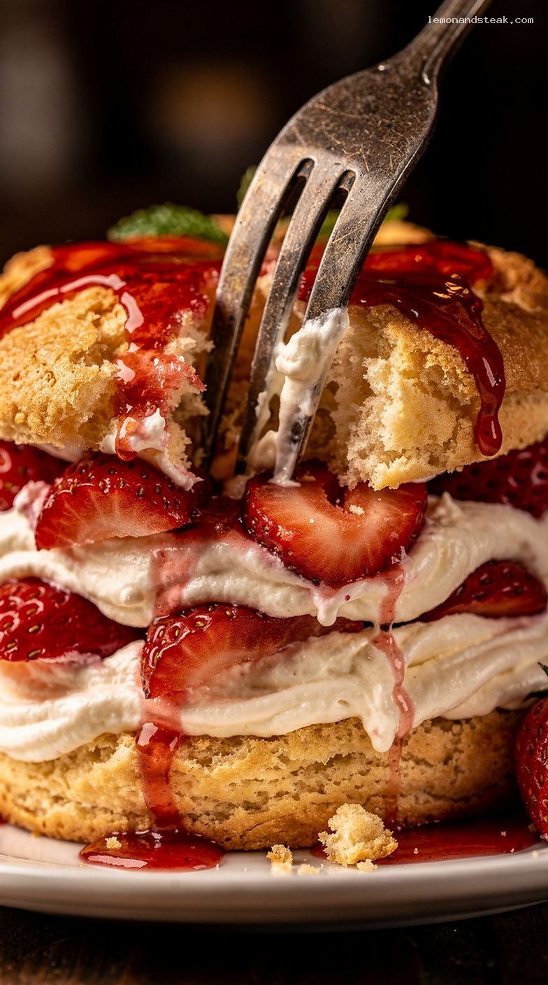 Strawberry Shortcake with Soft Whipped Custard Cream – Closeup