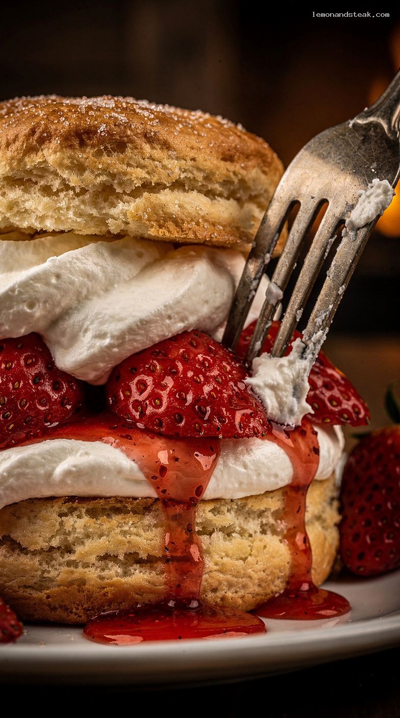 Strawberry Shortcake with Sweet Cream Biscuits and Whipped Cream – Closeup
