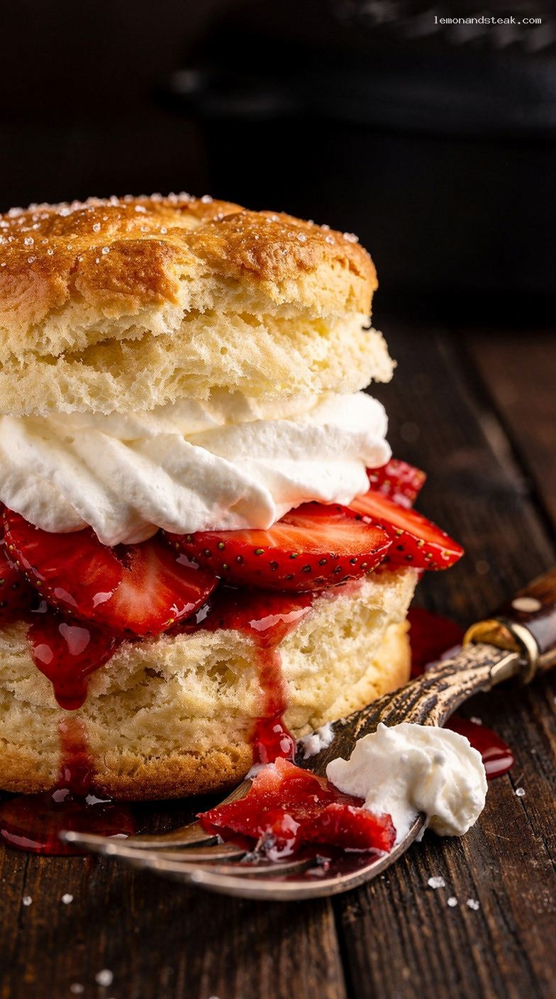 Strawberry Shortcake with Sweetened Sour Cream Biscuits – Closeup