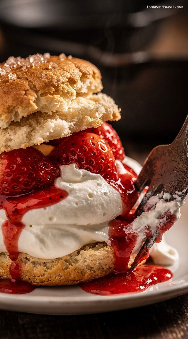 Strawberry Shortcake With Tangy Yogurt Biscuits and Whipped Cream – Closeup