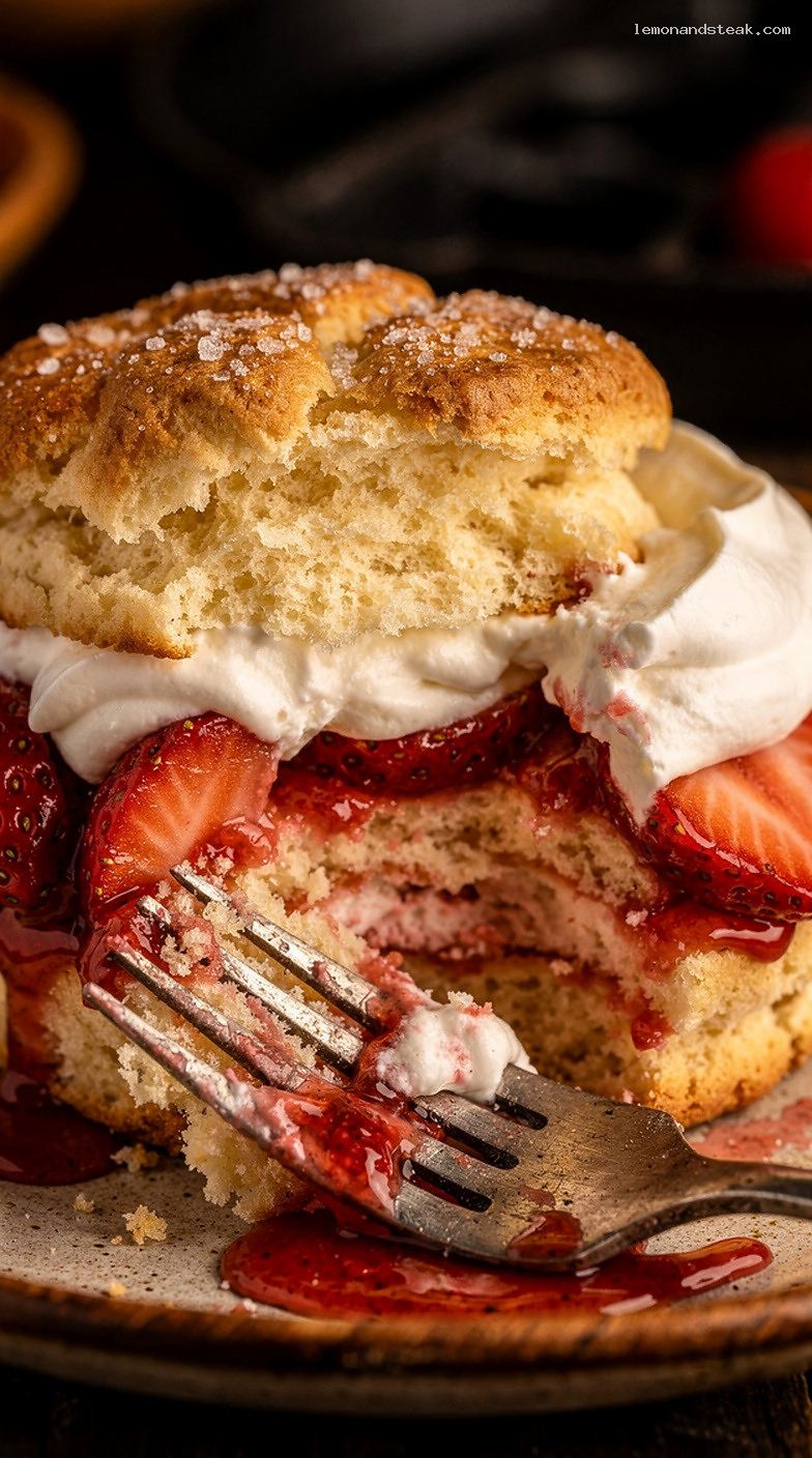 Strawberry Shortcake with Vanilla Milk Biscuits and Whipped Cream – Closeup