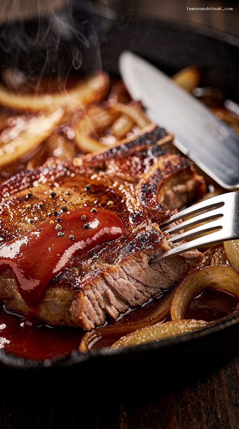Sweet and Savory Ketchup-Braised Pork Chops with Onions – Closeup