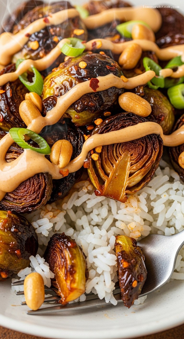 Sweet Chili Brussels Sprouts Bowl With Peanut Drizzle – Closeup