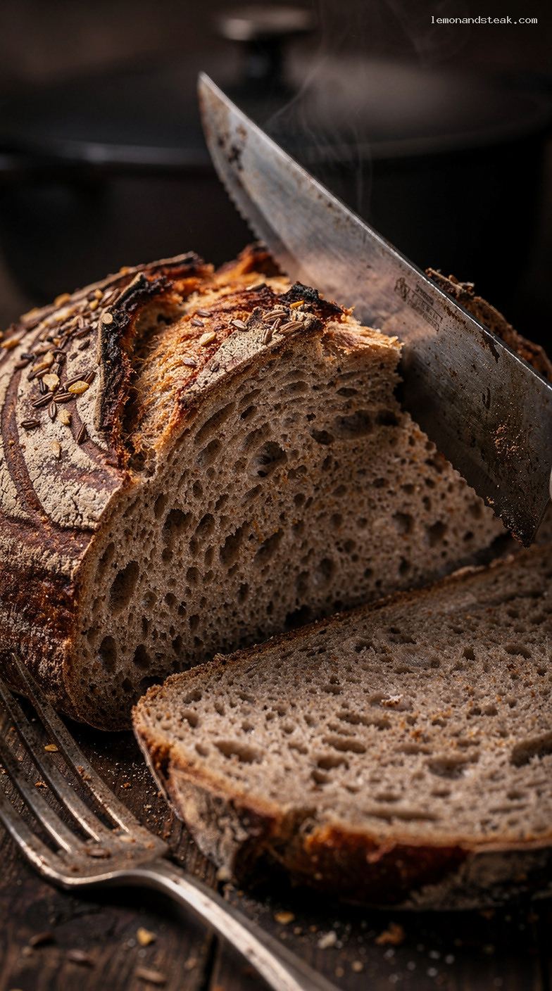 Tangy Sourdough Rye Bread with Chewy Crumb – Closeup