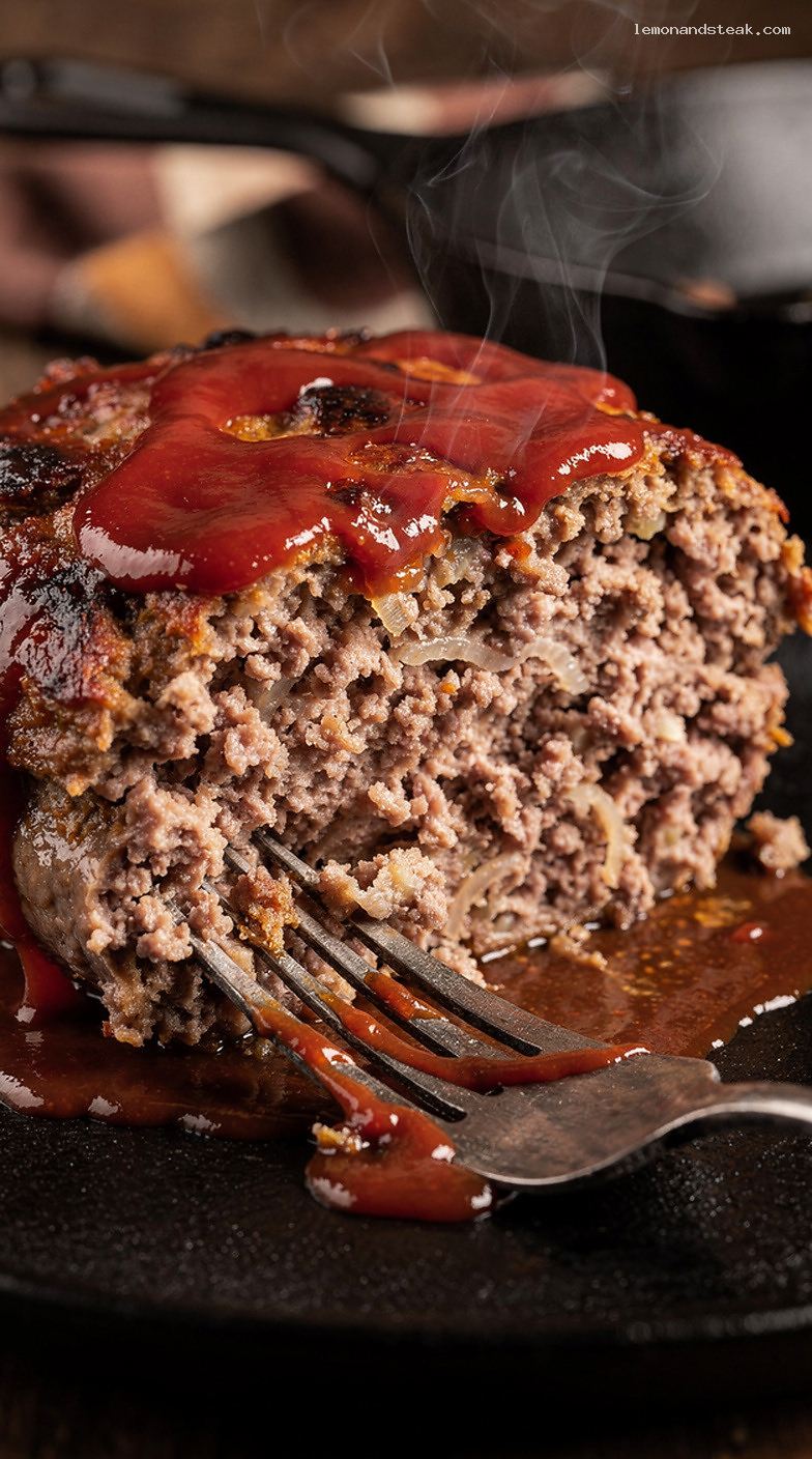 Tender Beef Meatloaf with Potato Bread Crumbs and Ketchup Glaze – Closeup