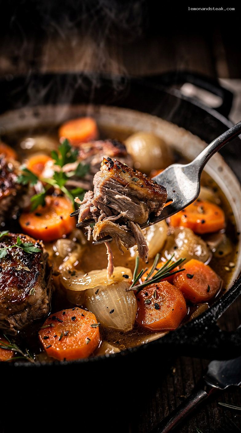 Tender Pork and Carrot Stew with Herbs and Garlic – Closeup