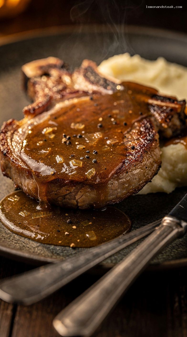 Tender Pork Chops With Onion Soup Gravy – Closeup