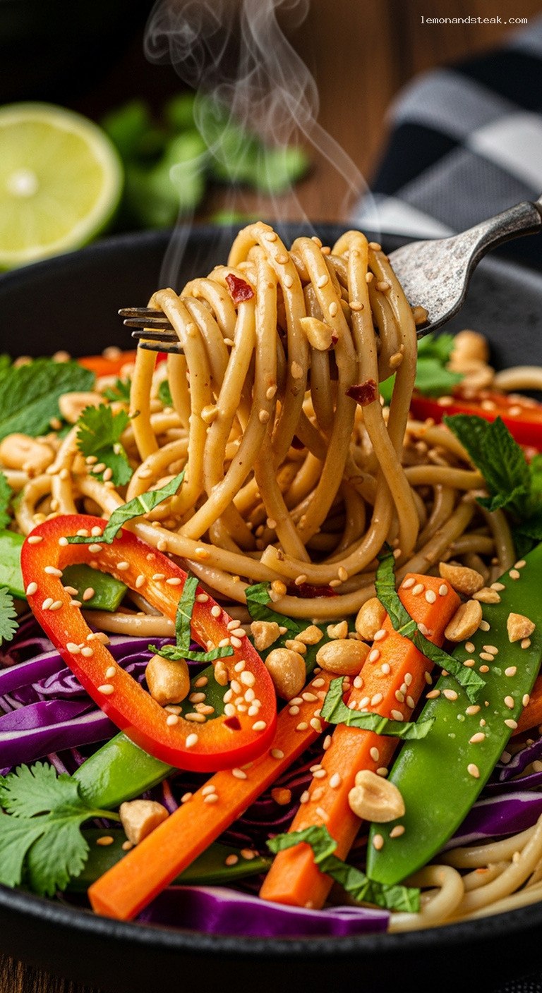 Thai Peanut Noodle Bowl with Crunchy Vegetables and Herbs – Closeup