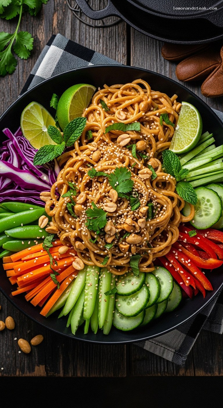 Thai Peanut Noodle Bowl with Crunchy Vegetables and Herbs