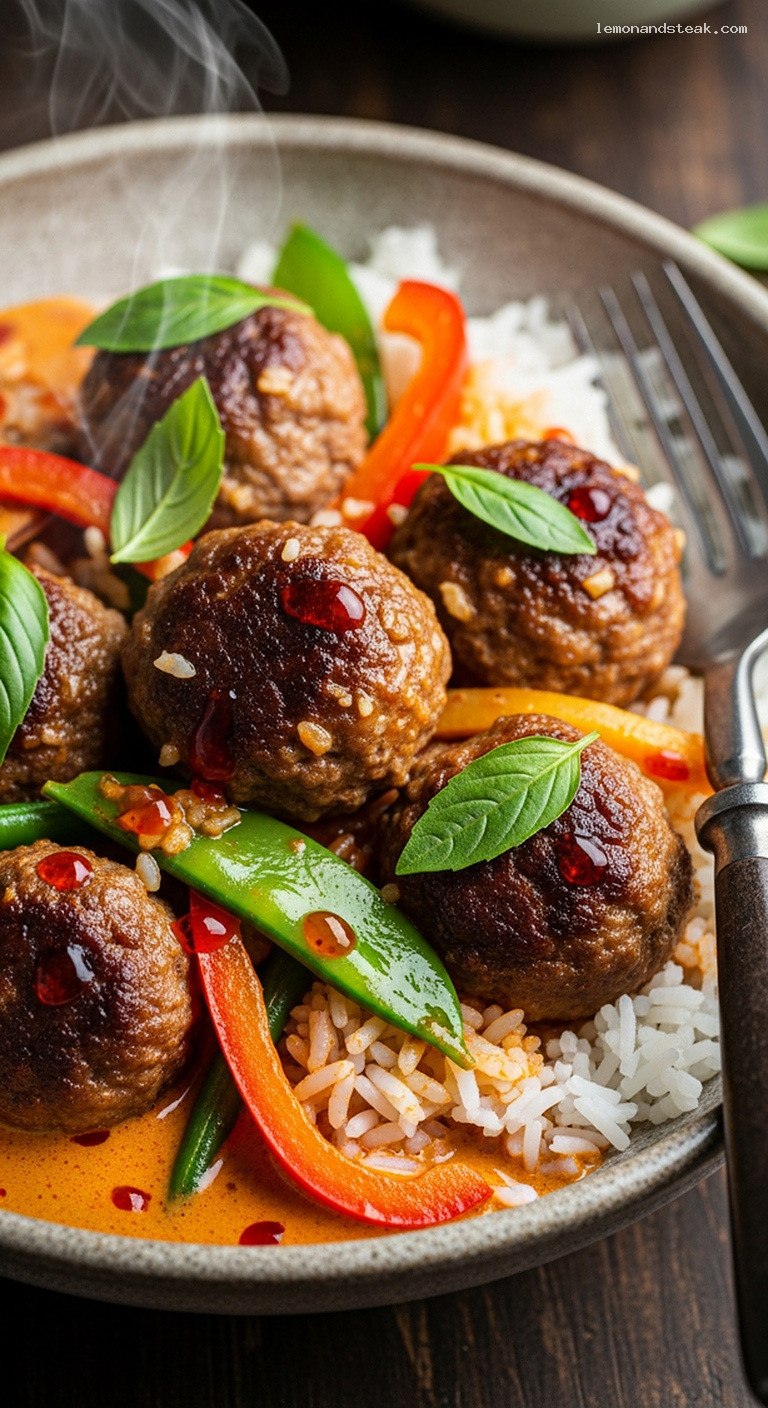 Thai Red Curry Meatball Bowls With Jasmine Rice – Closeup