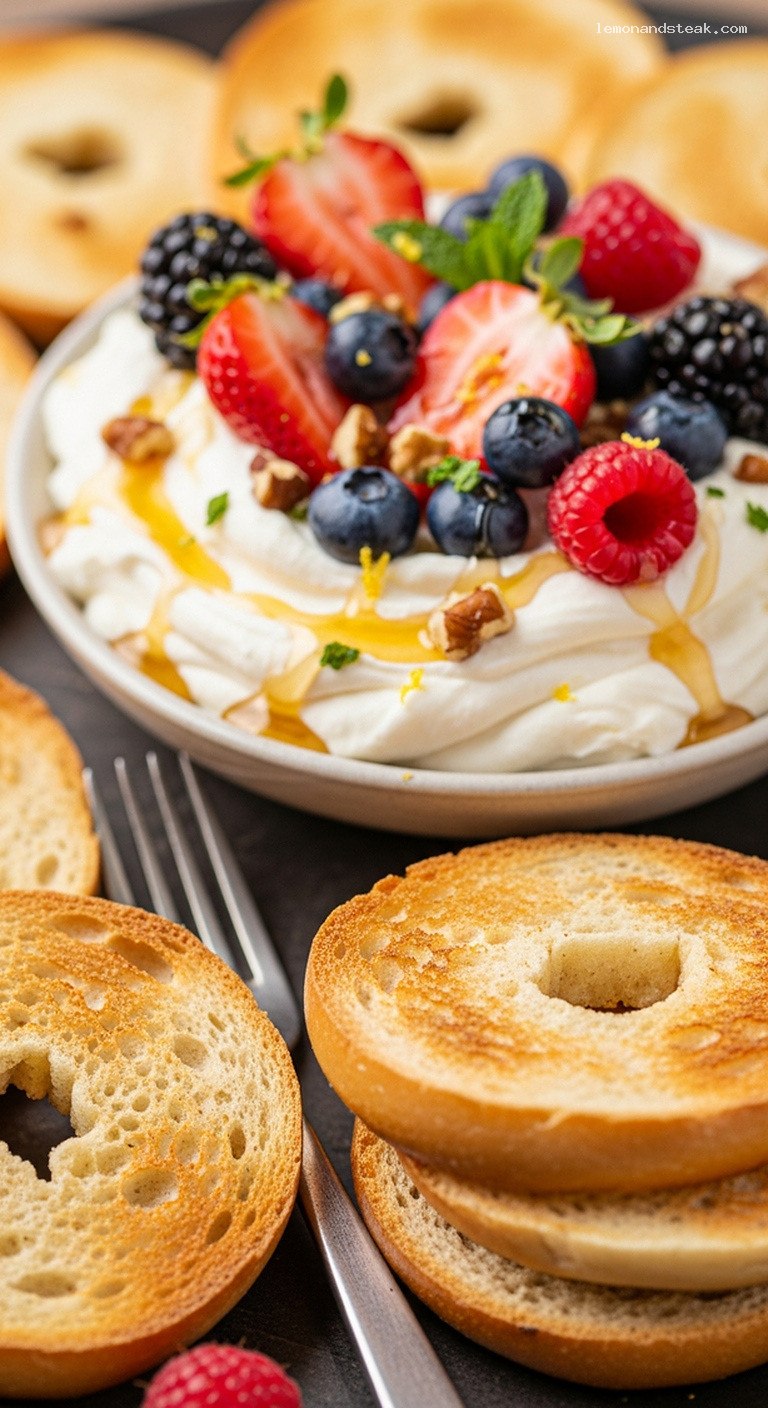 Toasted Bagel Chip Platter with Honeyed Cream Cheese and Berries – Closeup