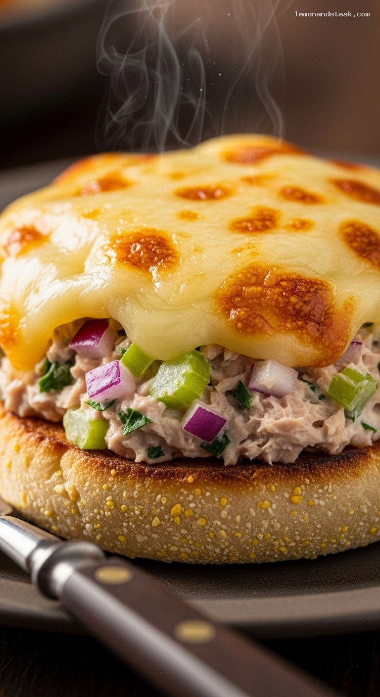 Toasted English Muffin Tuna Melt Snack – Closeup