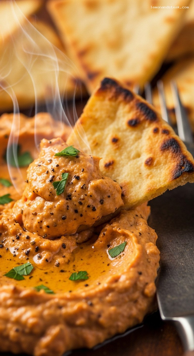 Toasted Pita Chips with Smoky Roasted Red Pepper Dip – Closeup