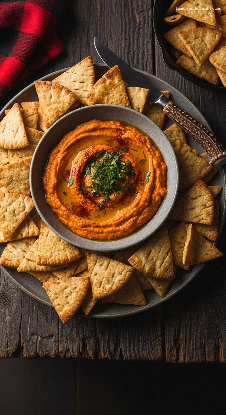 Toasted Pita Chips with Smoky Roasted Red Pepper Dip