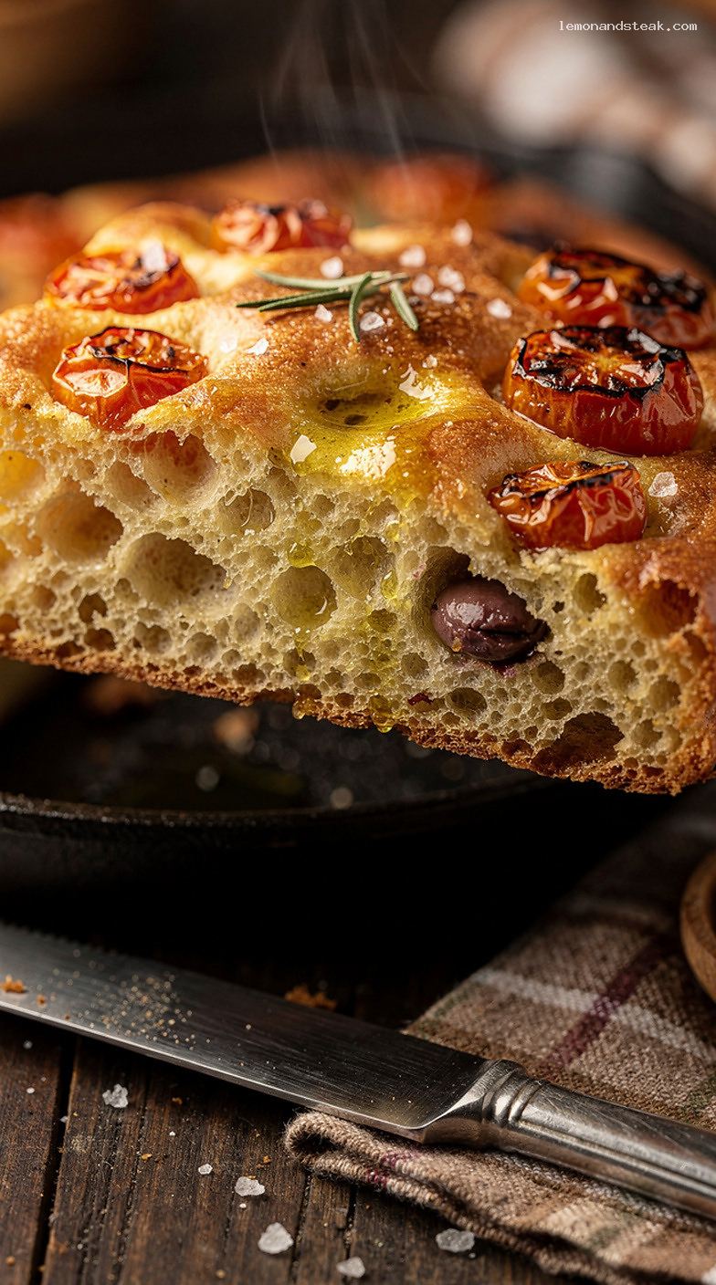 Tomato Olive Focaccia With Cherry Tomatoes and Olives – Closeup