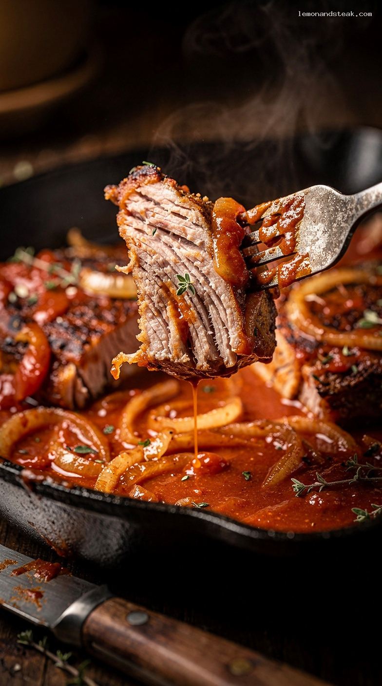 Tomato Onion Braised Pork Chops with Savory Herb Gravy – Closeup