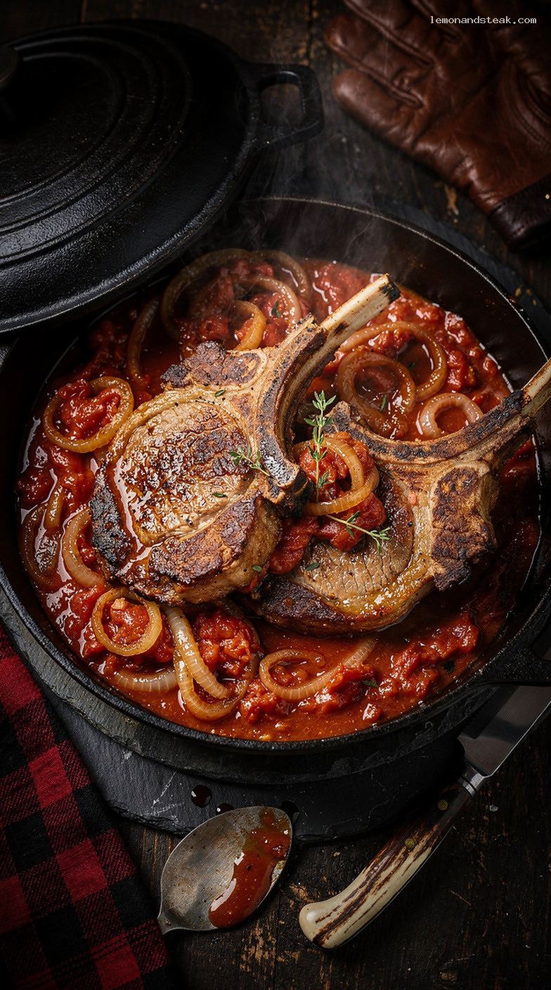 Tomato Onion Braised Pork Chops with Savory Herb Gravy