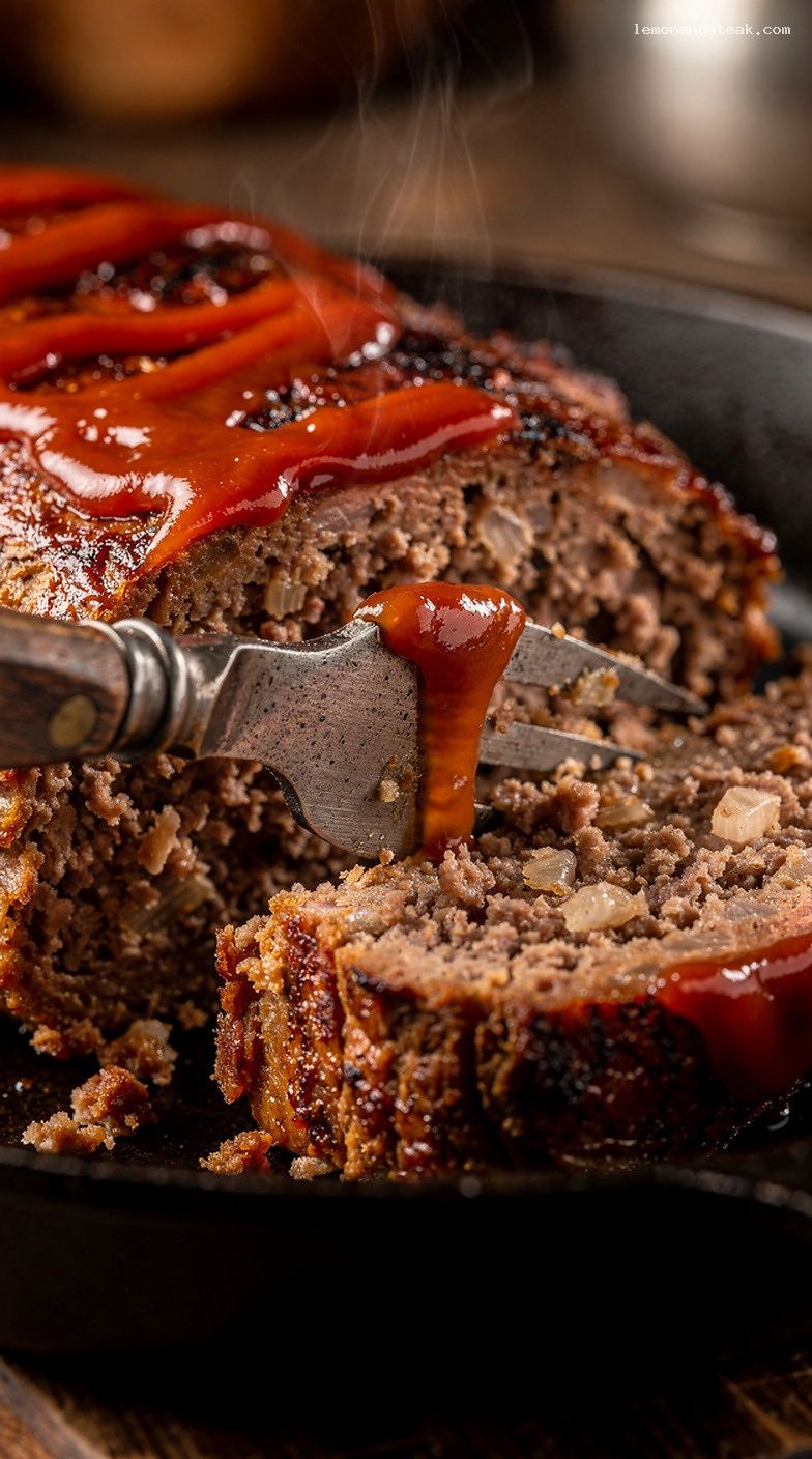Traditional Beef Meatloaf with Cream-Soaked Breadcrumbs and Ketchup Topping – Closeup
