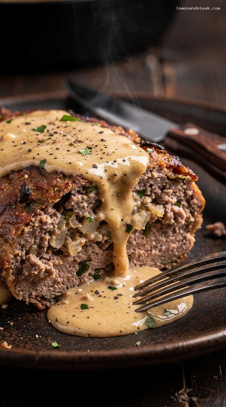 Traditional Beef Meatloaf with Light Cream Pan Sauce – Closeup