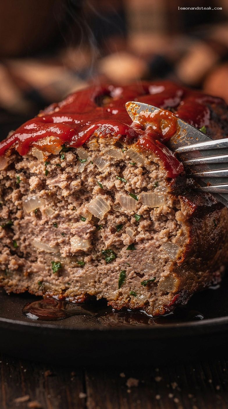 Traditional Beef Meatloaf With Milk-Butter Panade and Ketchup Glaze – Closeup