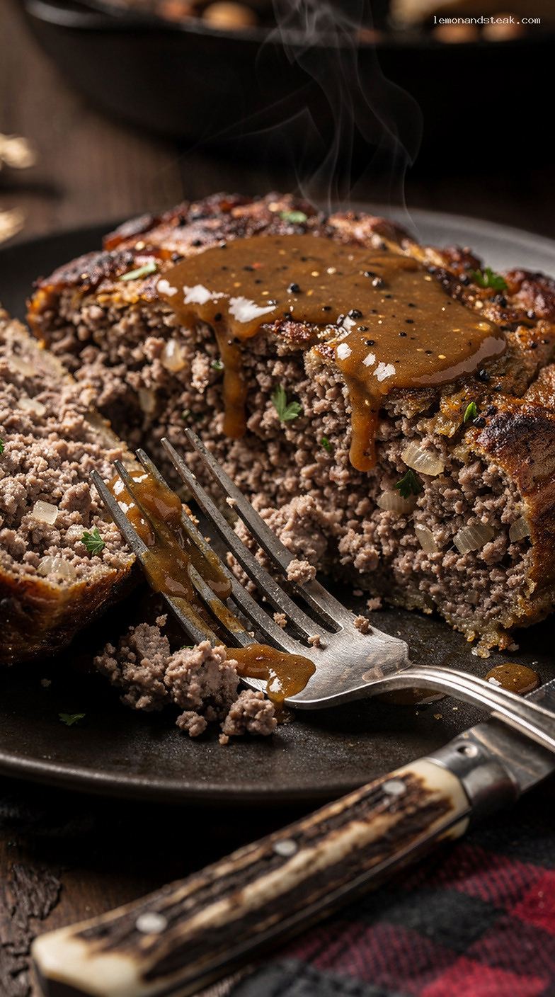 Traditional Beef Meatloaf with Pan Drippings Beef Gravy – Closeup