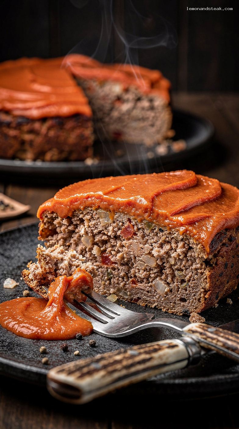 Traditional Beef Meatloaf with Smooth Tomato-Onion Topping – Closeup
