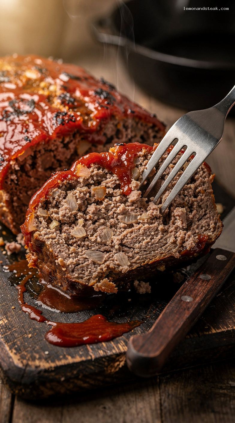 Traditional Beef Meatloaf with Soft Roll Crumbs and Tomato Glaze – Closeup