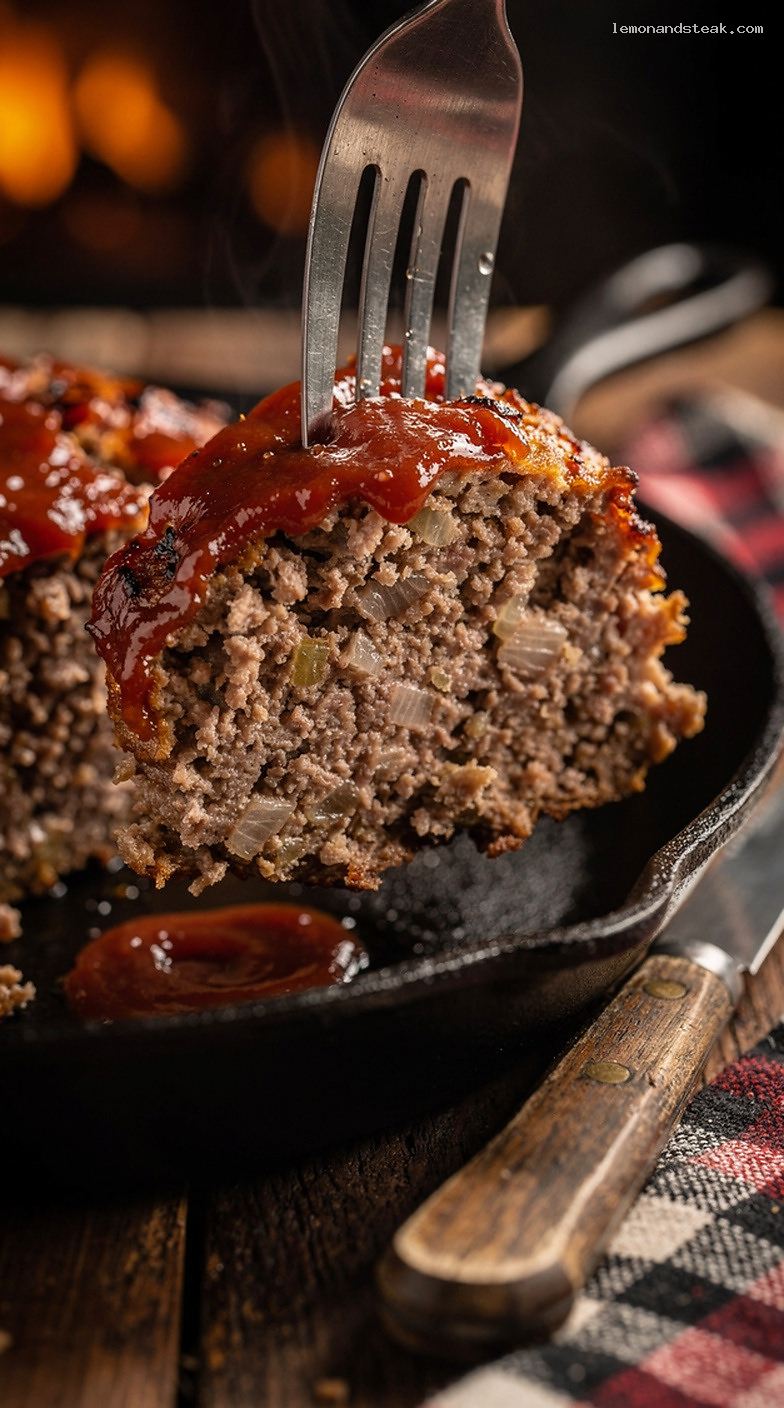 Traditional Homestyle Beef Meatloaf With Caramelized Ketchup Glaze – Closeup