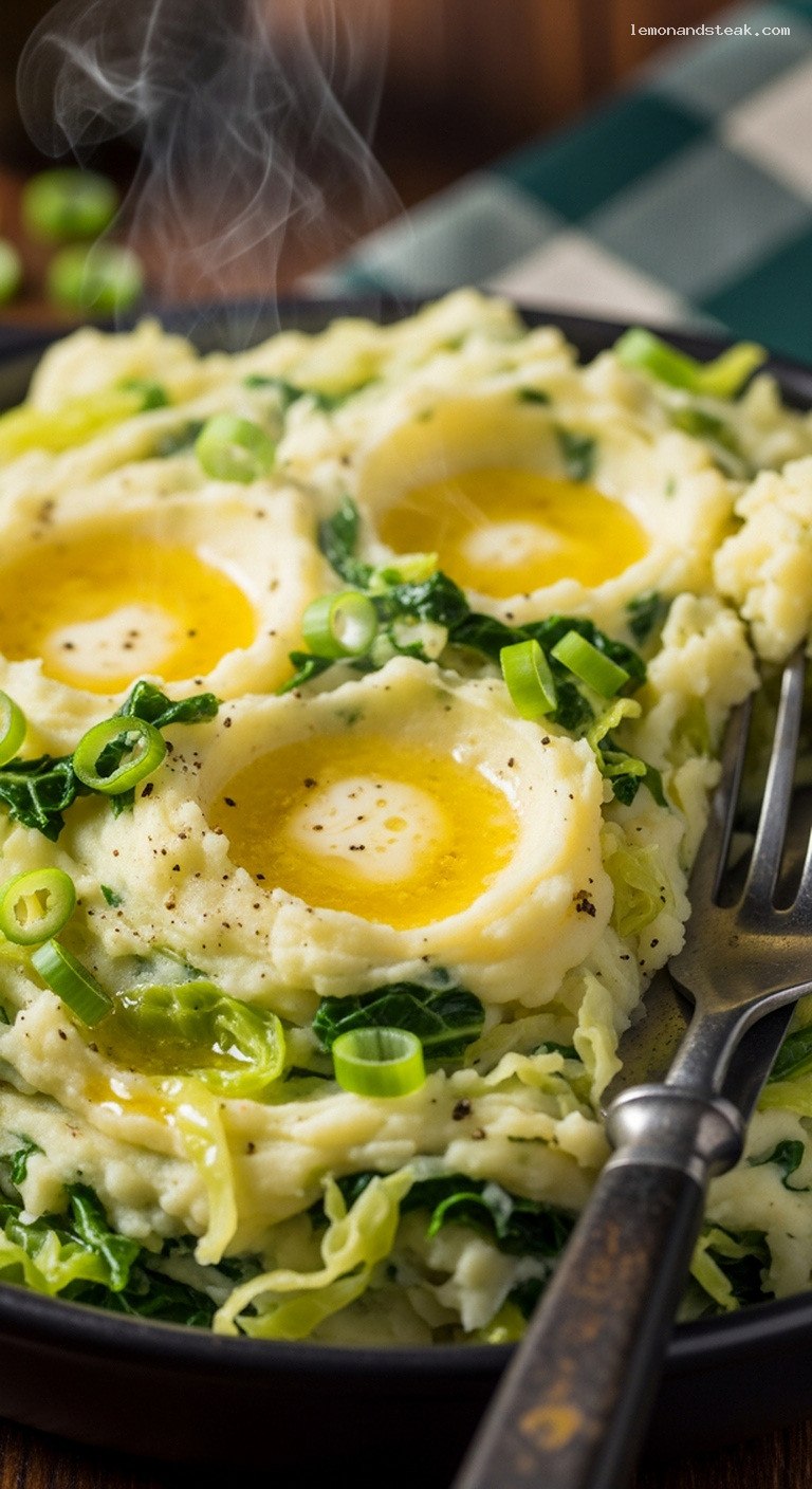 Traditional Irish Colcannon with Buttery Cabbage and Kale – Closeup