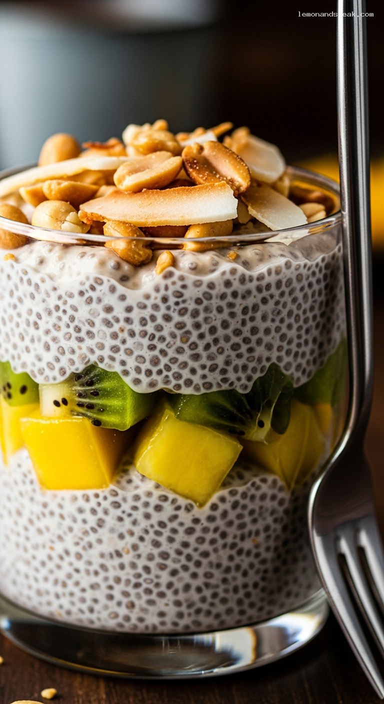 Tropical Peanut Coconut Chia Pudding with Fresh Fruit – Closeup