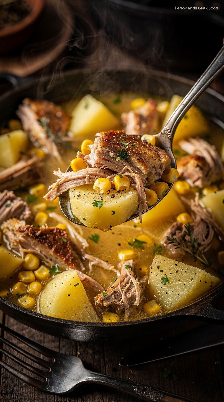 Turkey and Sweet Corn Stew with Potatoes and Herbs – Closeup