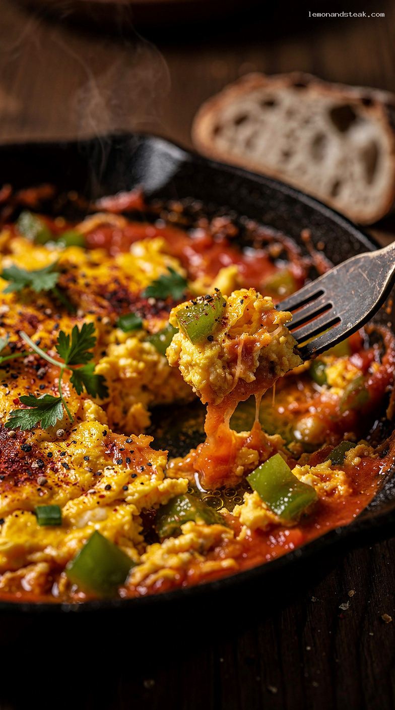 Turkish Menemen With Soft Eggs, Tomatoes, and Peppers – Closeup