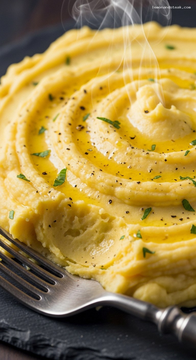 Ultra Creamy Garlic Mashed Potatoes with Butter and Cream – Closeup