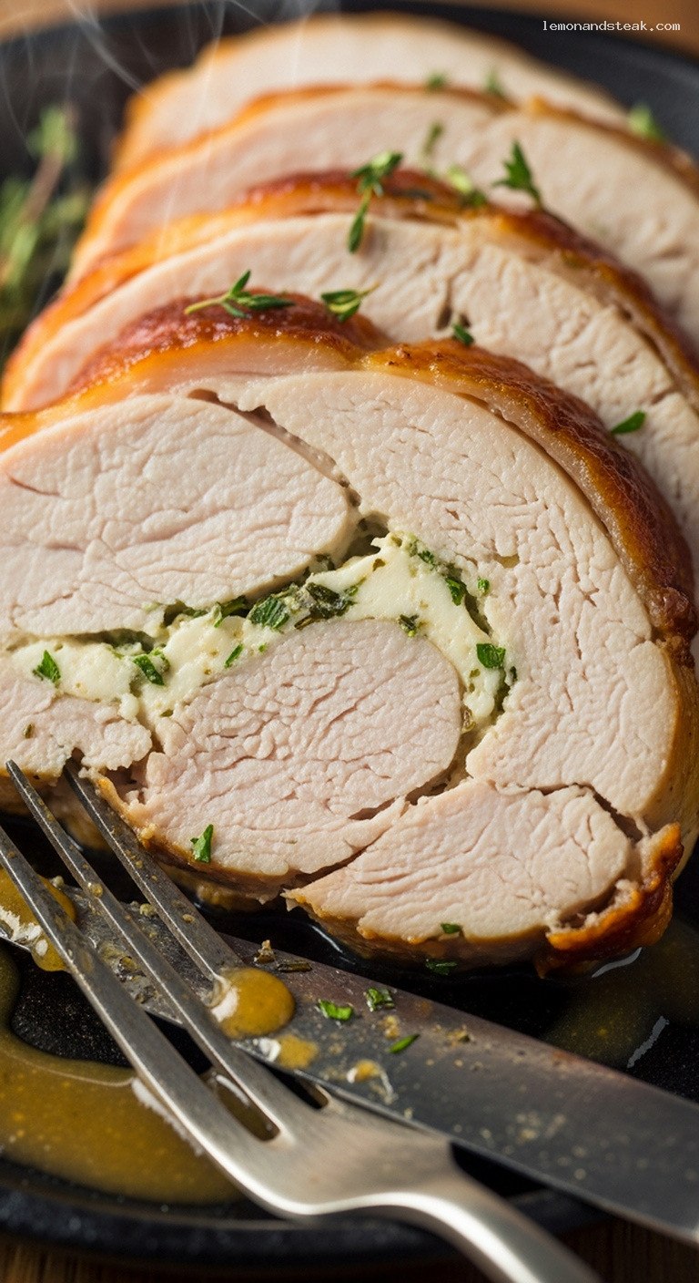 Ultra-Juicy Garlic Herb Cream Cheese Roast Turkey – Closeup