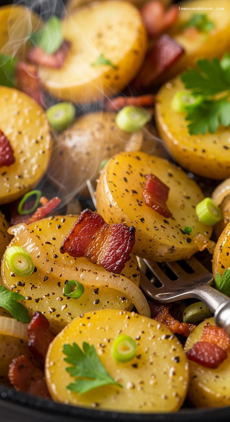 Warm German Potato Salad with Bacon and Vinegar – Closeup