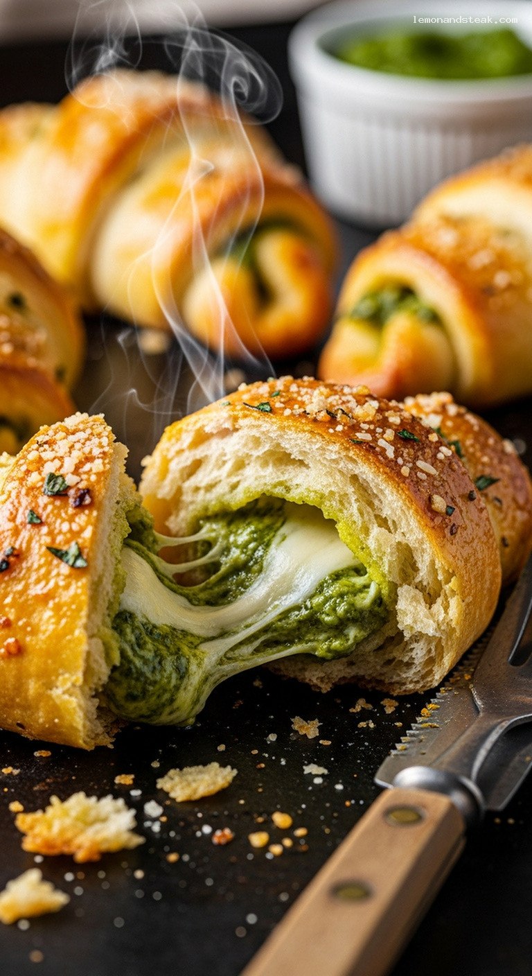 Warm Pesto Mozzarella Stuffed Crescent Rolls – Closeup