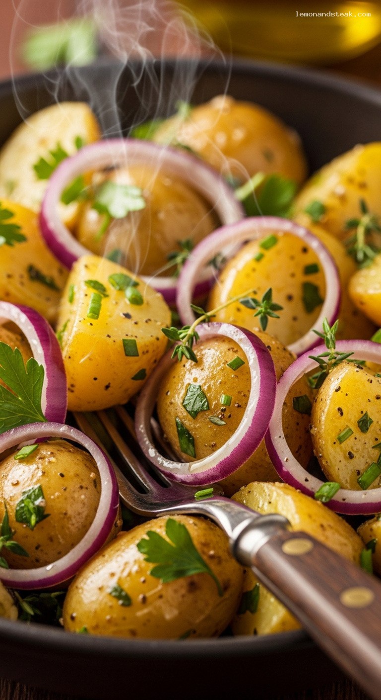 Warm Potato and Roasted Garlic Dijon Salad – Closeup
