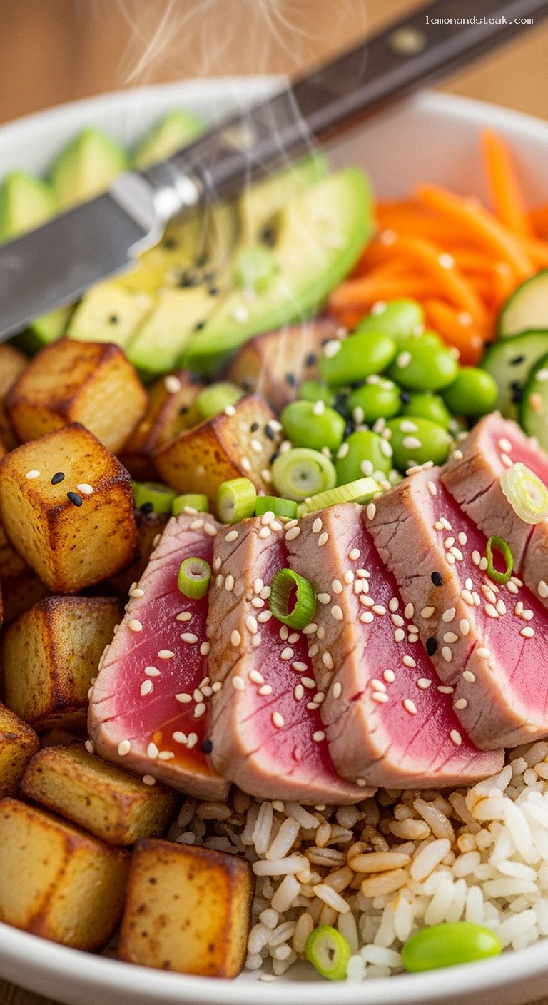 Warm Potato and Seared Tuna Rice Bowl – Closeup