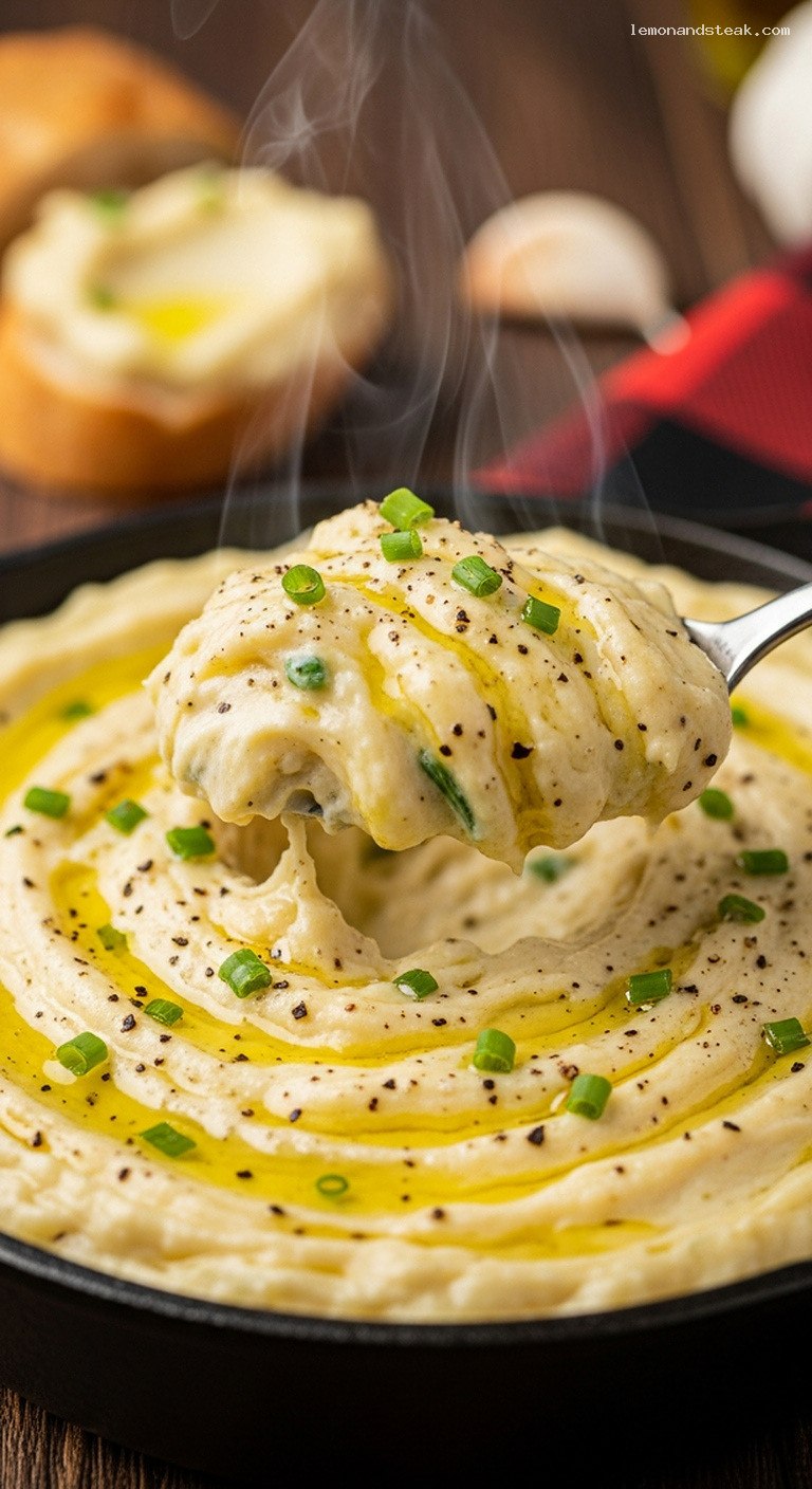 Warm Roasted Garlic Potato Dip for Bread and Veggies – Closeup