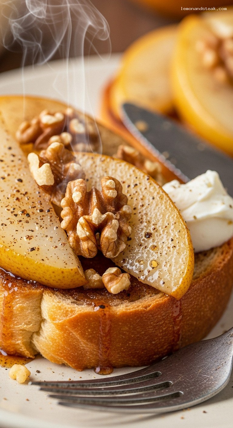 Warm Sautéed Pear and Walnut Toast – Closeup