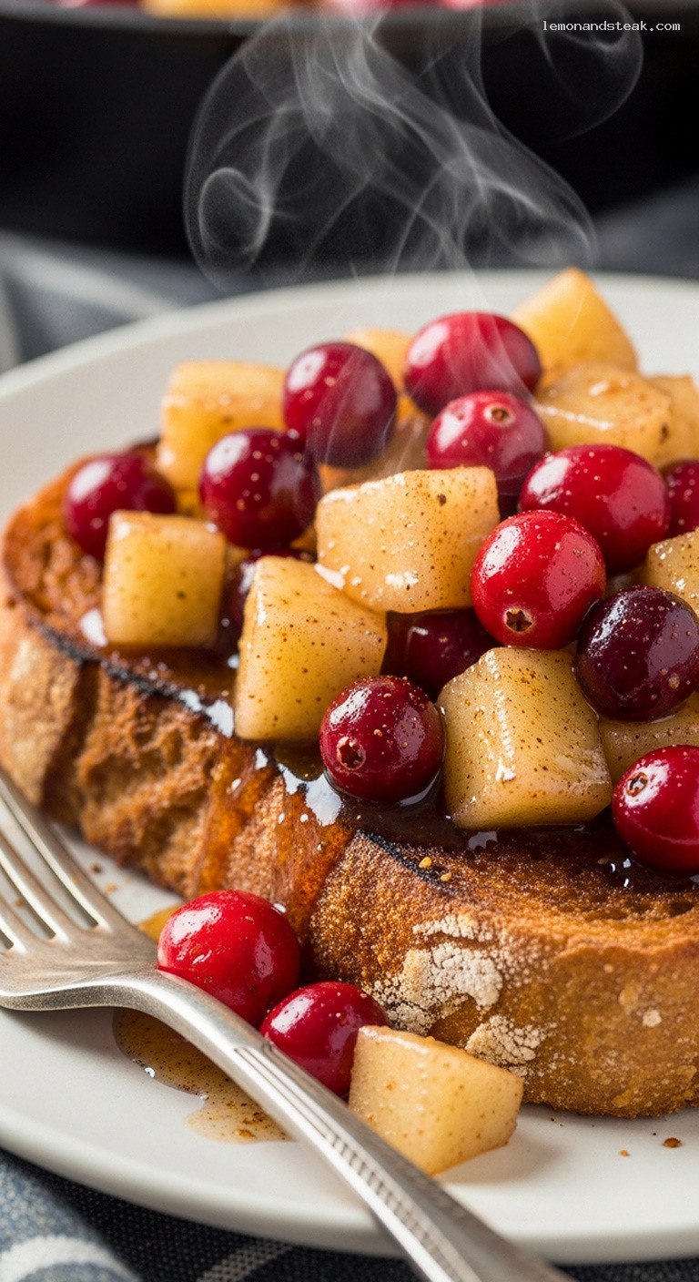 Warm Skillet Apple Cranberry Compote on Toast – Closeup